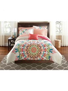 Conjuntos de cama Mainstays Coral Medallion 8 peças cama em um saco consolador conjunto com lençóis Queen 231214