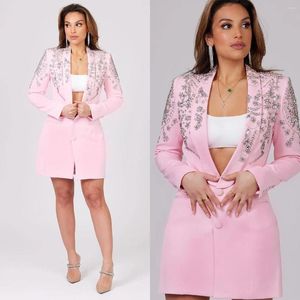 Women's Suits Luxury Pink Beading Women Party Blazer Deep V Neck Above Knee Dress Full Sleeve Crystal 1 Piece Set Coat Gown