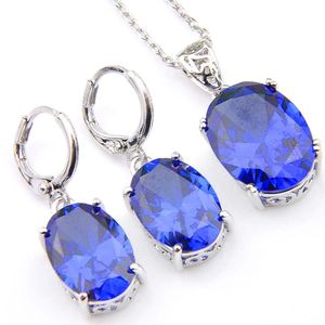 Novel Luckyshine 5 Sets Delicate Ellipse Fire Blue Topaz Cubic Zirconia 925 Silver Pendants Necklaces Earrings Gift Wedding Jewelr264S