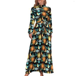 Casual Dresses Stars Sun Moon Dress Long Sleeve Celestial Print Sexy Maxi High Neck Aesthetic Boho Beach Birthday Gift