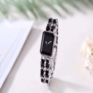 Wristwatches Brand Real Leather Watch Boy Friend Double Chain Link Quartz Wrist Women Men 2 Layer Rectangle Stainless SteelW2745