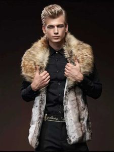 Men's Fur Faux Fur Men's Faux Fur Vest Slim Fit Lapel Big Fur Collar Short Waistcoat Men Jacket Brown Leather Jacket Winter Warm Coat Q231212