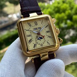 손목 시계 빈티지 상하이 시계 남자 고급 자동 시계 레트로 기계식 최고 브랜드 달 상 시계 골동품 중국