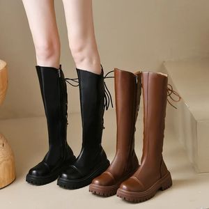 Botas Moda Mulheres Botas de cor sólidas Sapatos casuais Plataforma da mulher Back Lace Up Long Female High Boots Autumn Winter Round Head 231213