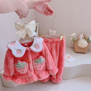 Pajamas Girls Home Wear 12M 6Y Baby Coral Velvet Children s Winter Plush and Thickened Flannel Set 231214