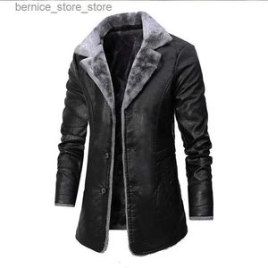 Jaqueta de couro masculina de pele sintética, jaqueta longa de lã grossa de inverno para homens, roupa de negócios casual, jaqueta de couro porcket, casaco externo masculino Q231212
