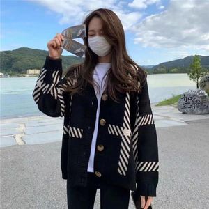 Women's Knits Gidyq Women Korean Cardigan Sweater Fashion Autumn Stripe Loose Knitted Coats Female Casual All Match Big Button Jacket