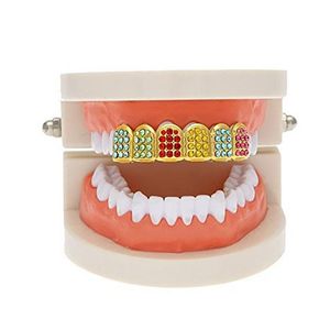 Grillz Dental Grills 14K Gold Flated Hip Hop Bling Teeths Grillz Caps Top Grill Rapper Colorf Zircon Set Christmas Party Gift otml3