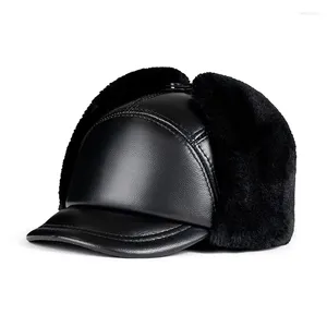 Berets 2023 Winter Bomber Hat Men Russian Brown Leather Ushanka Cap With Ear Flaps Fur Warm Genuine Cow Brand Baseball