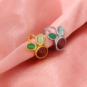 light luxury niche opening ring titanium steel 18K gold women's ring jewelry European and American retro personalized color egg shaped zircon