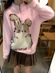 Women's Sweaters Onalippa Cartoon Pink Sweater Half-high Zipper Oversized Korean Sweet Imitation Mink Velvet Knitted Pullover