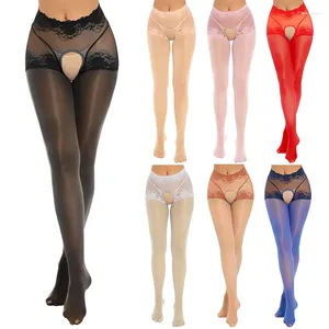 Women Socks Large Size Sexy Tights Women's Oil Glossy Lace Underwear Open Crotch Transparent Pantyhose Lingerie 5D Thin Stockings