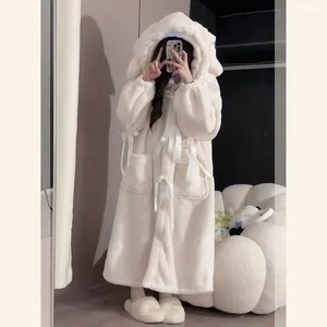 Women's Sleepwear Bow Robe For Women Nightdress Winter Night Wears Warm Fleece Pajama One Piece Nightgown Hooded Long Sleeve Homewear