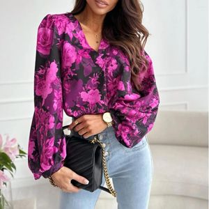 Kvinnors blusar blommor tryckta toppar för kvinnor mode elegant office lady long hylsa v-hals casual bloues streetwear skjorta bolusas kvinna