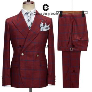 Men s Tracksuits Cenne Des Graoom Red Plaid Double Breasted Suits for Men Jacket and Pants 2pcs Set Wedding Dress Party Classic Costume Homme 231214