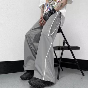 Calças femininas perna larga alta cintura elástica calças retas listra reflexiva longo casual solto palazzo 066c