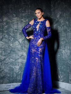 Evening Dresses Royal Blue Prom Gown Party Formal Mermaid O-Neck Long Sleeve Applique Lace Custom Plus Size Lace Up Zipper New Trumpet