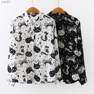 Kvinnors blusar skjortor Autumn Spring Women Shirts Black White Cartoon Cat Tryck