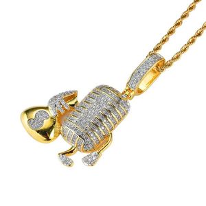 Fashion- Microphone diamonds pendant necklaces for men western music luxury necklace real gold plated copper zircons Cuban chains307k