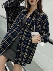 Women's Blouses Shirts Yitimuceng Contrast Color Plaid Blouse Women 2023 Autumn Winter Turn Down Collar Tops Casual Long Sleeve Loose button up Shirts YQ231214