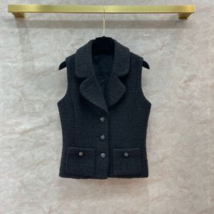 2024 Spring Black Solid Color Panelled Tweed Beaded Vest Sleeveless Notched-Lapel Double Pockets Single-Breasted Vests Q3D121321