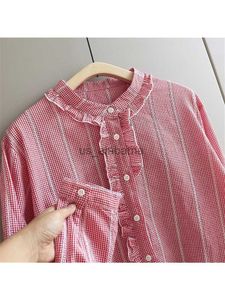 Women's Blouses Shirts Lamtrip Unique Sweet Pink Ruffles Decorated Stand Collar Hook Cotton Long Sleeve Shirt Plaid Blouse YQ231214