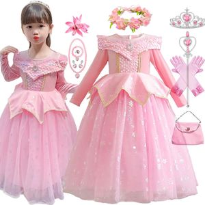 Sukienki dziewczyny różowy sukienka śpiąca piękno Dzieci Aurora Cosplay Cosplay Spring Autumn Girl Party Princess Stroje Kids Elegancka suknia 231213