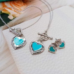 Pendant Necklaces New S925 Sterling Silver Blue Enamel Heart Set Classic Versatile Jewelry as a Holiday Gift for Lovers Q231214