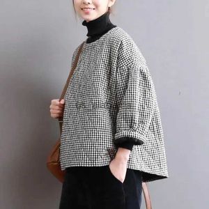 Kvinnors blusar skjortor Autumn Winter Plaid Thin Outwear långärmad bomull vadderad botten skjorta avslappnad överdimensionerade kvinnor bomullslinne pullover topp yq231214