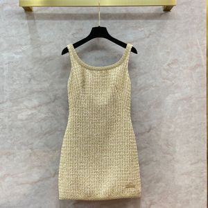 2024 Spring Khaki Solid Color Panelled Weave Tweed Dress Sleeveless Scoop Neckline Sequins Short Casual Dresses Q3D131606