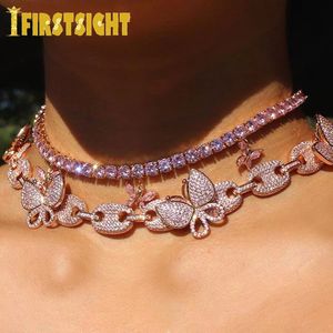 Chokers Iced Out CZ Coffee Bean Link Butterfly Necklace Hip Hop Fashion Punk Choker Pink Bubble Chain Bling Women SMYELLT 231214