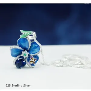 Pendants Buyee 925 Sterling Silver Excellent Necklace Chain Blue Crystal Stone & Enamel Flower Elegant Sweet Necklaces For Women Jewelry