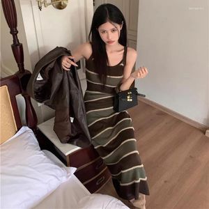 Casual Dresses Retro U-neck Striped Knit Bottom Dress For Women In Autumn And Winter With A Slim Fitting Woolen Sleeveless Long Skirt