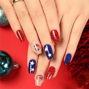 False Nails Independence Day USA French Art Short Blue Red Fake Press On Square Full Cover Coffin Finished Fingernails
