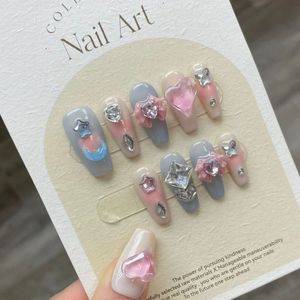 False Nails Handmade Pink Press on Nails Long Korean Design Reusable Adhesive False Nails with Charms Full Cover Nail Tips Manicure for Girl 231214