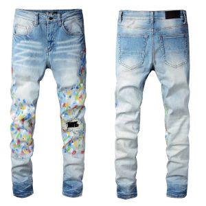 Herren Paint Jeans Denim Skinny Slim Biker Moto Hip Hop Straight Leg Blue Patch Vintage Distress Stretch für Männer Jungs Knie zerrissene Hose Long Zi