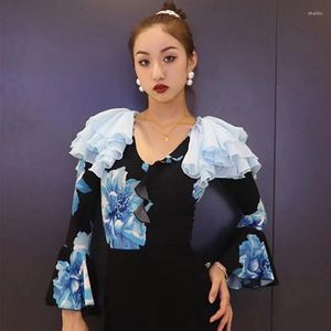 Scene Wear Ballroom Dance Performance Clothes Women Blue Flower FLAGE SLEEVES BODYSUIT Rumba Latin Topps Practice BL12126