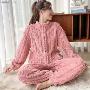 home clothing Flannel Pajamas Winter Women's Mesh Red Style Long Sleeved Thickened Warm Zipper Solid Color Jacquard Velvet Home Clothing SetL231213