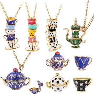 Ketten Mode asymmetrische Ohrstecker handgemachte Halskette Schmuck All-Match Teetasse Anhänger Emaille Glasur Mini Teekanne bunt