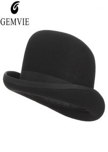 Gemvie 4 Boyutlar 100 Yün Kuşak Siyah Bowler Şapkası Erkekler Kadınlar Saten Kaplamalı Moda Partisi Resmi Fedora Kostüm Sihirbaz Cap13056857