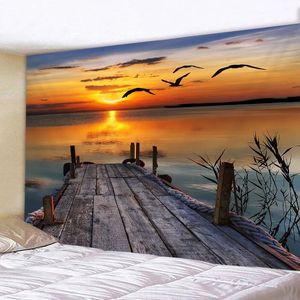 Tapestries Sunset Bird Tapestry For Bedroom Beautiful Landscape Sea Wave Lake Wall Hanging Fabric Background Ceiling Home Decor 231213