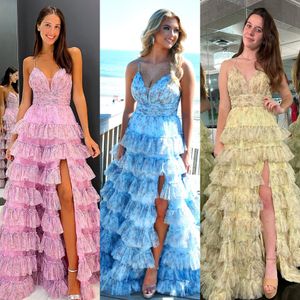 Floral Print Formal Party Dress 2k24 Tiered Ruffle Skirt Lady Pageant Prom Evening Event Hoco Gala Cocktail Red Carpet Dance Gown Photoshoots Slit Light Yellow Pink