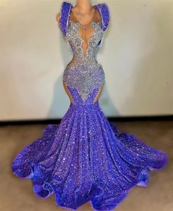 Purple Mermaid Sexy Sequins Prom Dresses for Black Girl 2024 Beaded Sheer Neck Evening Party Gowns Sweep Train Robes De Soiree