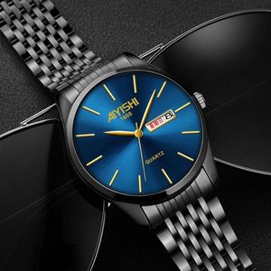 Wristwatches Cool Matte Black Blue Steel Watch Men Auto Date Week Functional Business Wristwatch For Man 2021 Watches Top303B