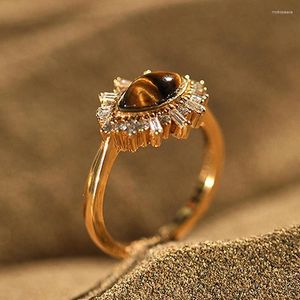 Cluster Rings Retro Irregular Oval Natural Stone Tiger Eye Ring 925 Sterling Silver Gold Plated Exquisite Women's Wedding Party Jewelry