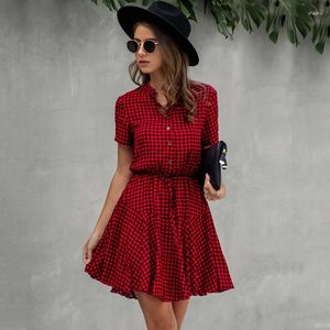 Vestidos de fiesta Mujeres Algodón Mini Vestido Moda Verano Plaid Serpiente Manga corta Casual Ruched Bonita Camisa Ropa Elegante 2023