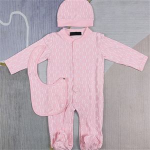 Baby Designer New Baby Onesie Pure Cotton Fashion Långärmad klättringsdräkt ha hatt Bib Three-Piece Set F015