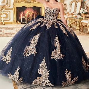 Azul marinho brilhante vestido de baile quinceanera vestidos querida doce 16 vestidos de baile apliques rendas de 15 quinceanera