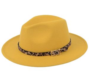 Mode breda brim fedora hattar leopard tryck bälte dekorera ull filt fedoras hatt kepsar män kvinnor jazz panama cap trilby sombrero3836599