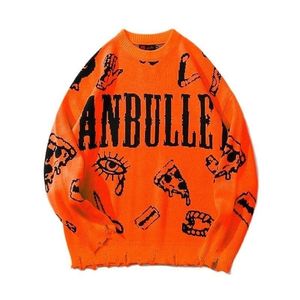 Men s Thermal Underwear Winter Orange Color Ripped Hole Sweater Mens Harajuku Hip Hop Punk Knitted Women Graffiti Vintage Pull Homme 231213